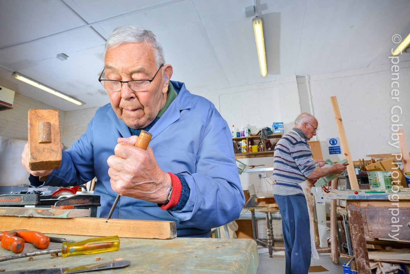 Men in Sheds - Age Uk Exeter - Two men working in workshop-6